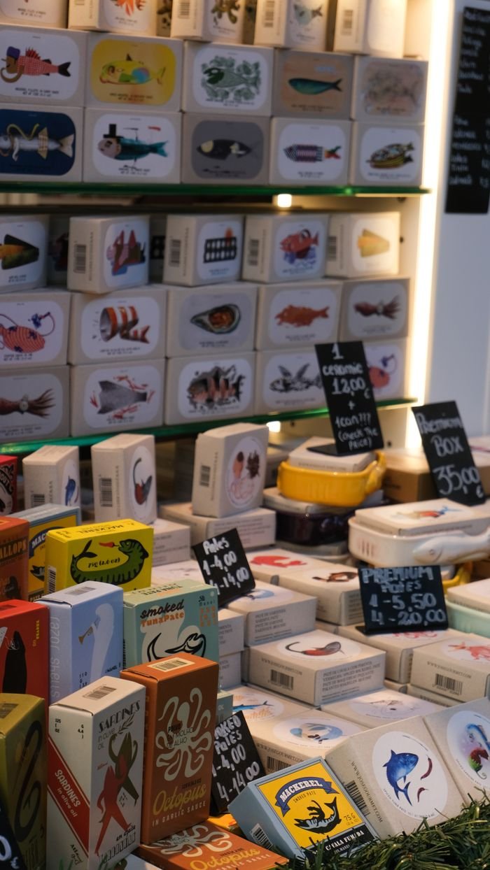 Services Vibrant assortment of canned seafood in a market setting.